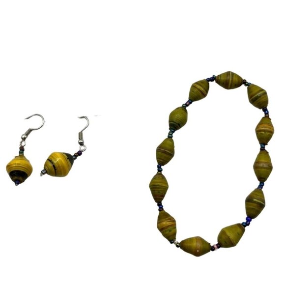 Handmade Yellow Beaded Bracelet & Earring Set A38 - Picture 2 of 3